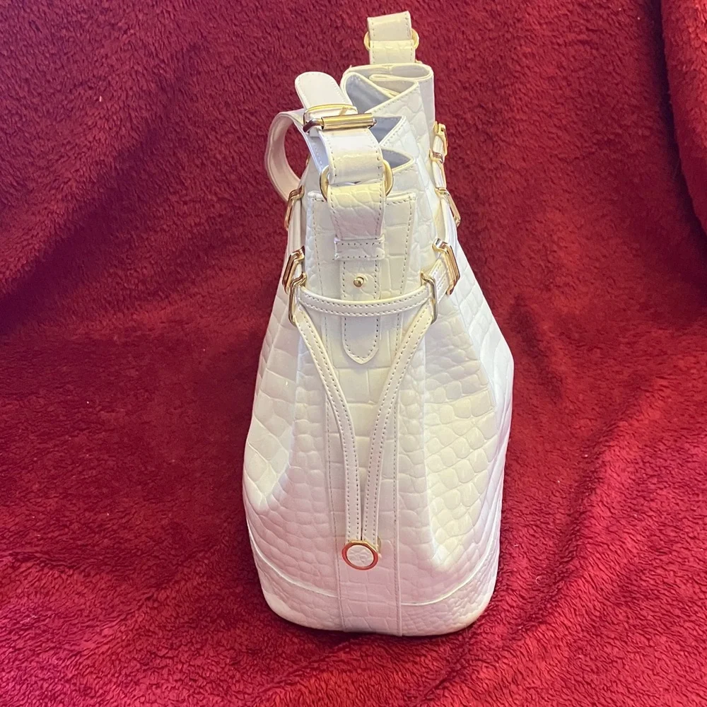 Piero Acutis Croc-Embossed White Drawstring Bucket Tote Bag w/Gold Accents